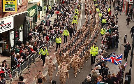 PD*27472404 Soldiers from the 2nd Battalion The Royal Anglian Regiment march through Watford, a day after the Luton protests Photo: GETTY